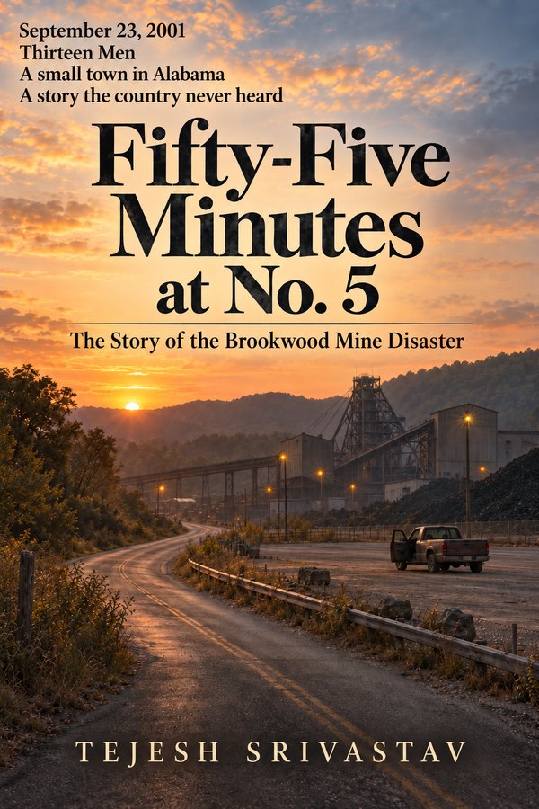 Cover of Fifty-Five Minutes at No. 5 by Tejesh Srivastav: a road curving toward a coal operation at dusk